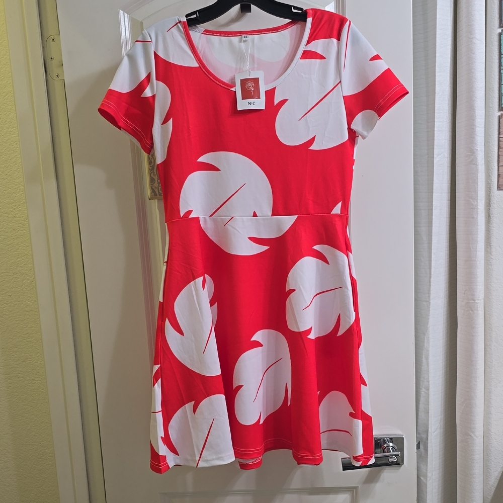 Bold Red and White Leaf Print Mini Dress